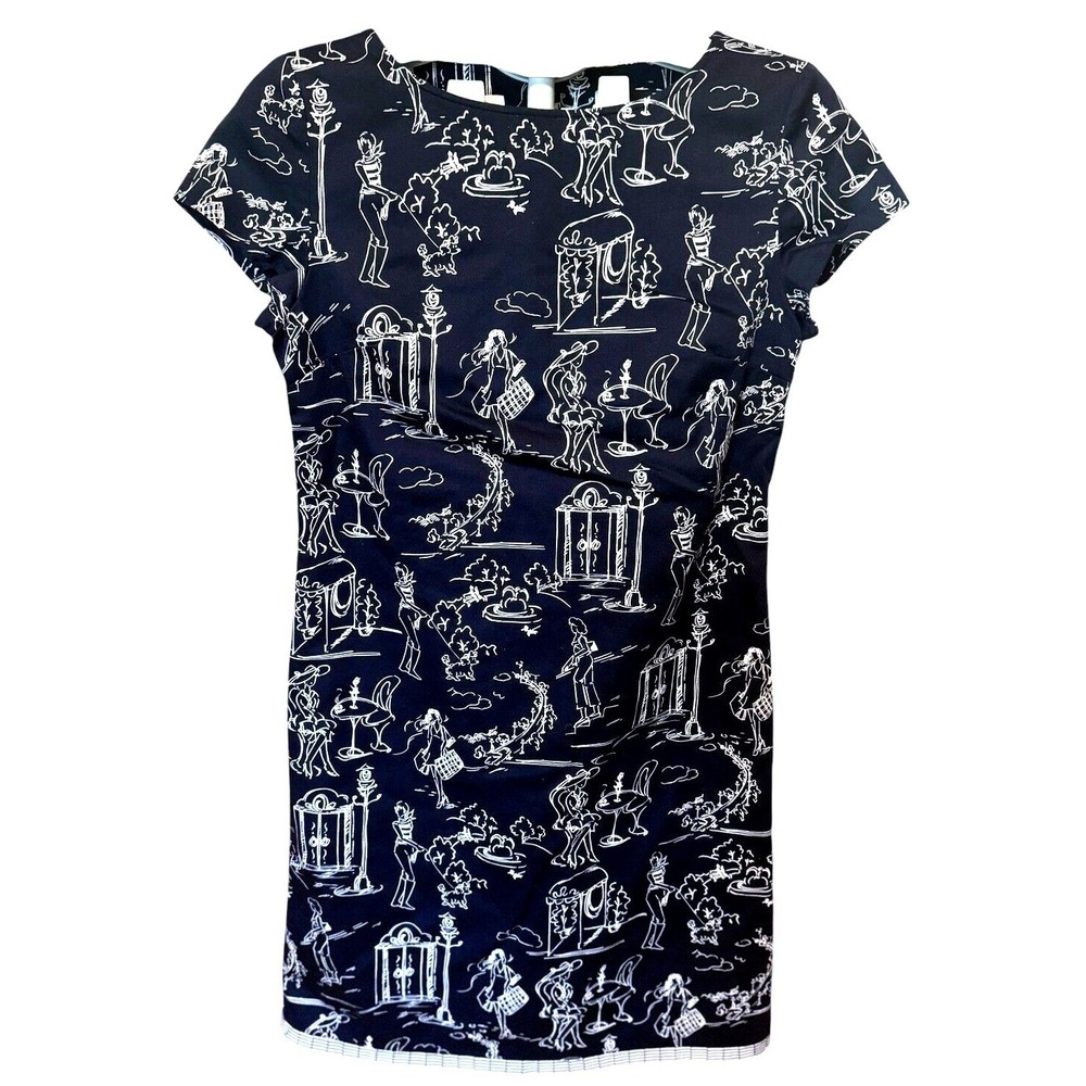 Talbots Graphic Print Midi Dress Women's 4 Navy White Cap Sleeve Ruffle‎ Hem EUC
